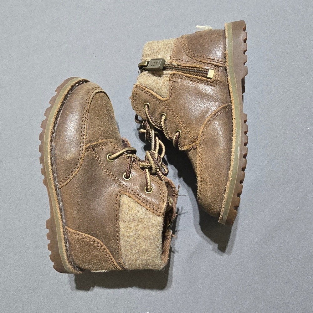 UGG Butte II Ankle Boots Kids Size 7 Brown Leather Suede Wool Trim 1008001T